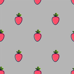 Strawberry hand drawn seamless pattern on grey background for typography, textiles. Vector illustration.
