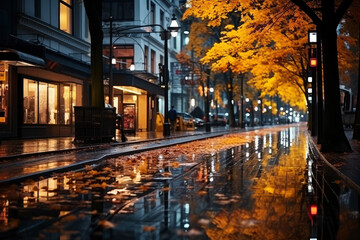 Fototapeta na wymiar Autumn city landscape, orange golden foliage, fall wallpaper, AI Generated