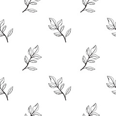 Vector hand drawn greenary seamless pattern.  Citrus fruit branch,  engraved style background.