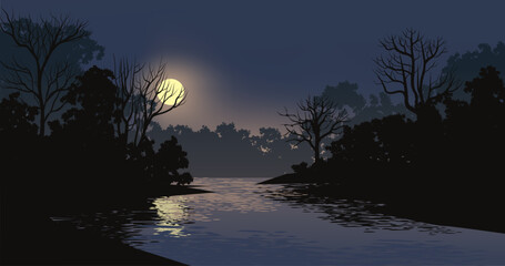 Fototapeta na wymiar Tranquil night over forest river with moonrise