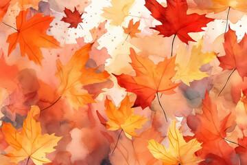 Naklejka na ściany i meble Beautiful seamless autumn pattern with watercolor colorful maple leaves. AI