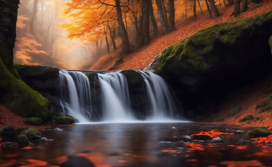 Autumn forest with waterfall, Generative AI Illustration.