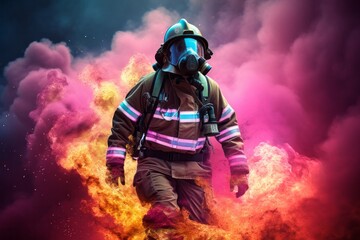Obraz premium Brave Firefighter Reaching Out to Conquer the Flames with Vibrant Colors and Detailed Costume, Generative AI