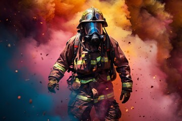 Fototapeta premium Brave Firefighter Reaching Out to Conquer the Flames with Vibrant Colors and Detailed Costume, Generative AI