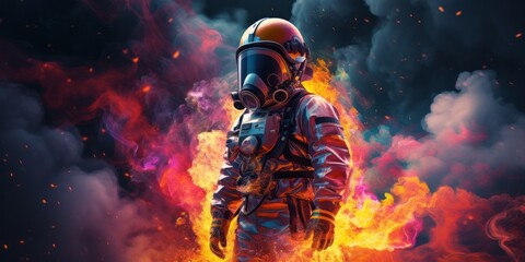 Brave Firefighter Reaching Out to Conquer the Flames with Vibrant Colors and Detailed Costume, Generative AI