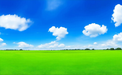 Fototapeta premium Green meadow and blue sky, Generative AI Illustration.