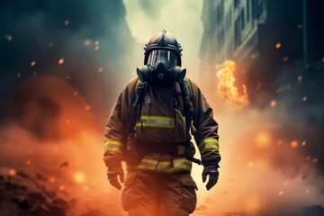 Dynamic Firefighter Man Walking Through Smoke with Gas Mask On Background, Generative AI