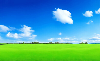 Fototapeta premium Green meadow and blue sky, Generative AI Illustration.