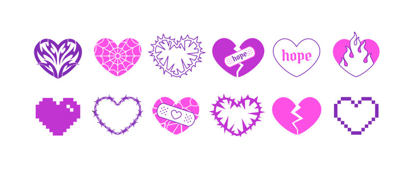 Gothic Punk Y2k Hearts Aesthetic 2000s tattoo art stickers. Vector Pink hearts with barbed wire, fire, hope, love. Neo tribal style heart tattoo