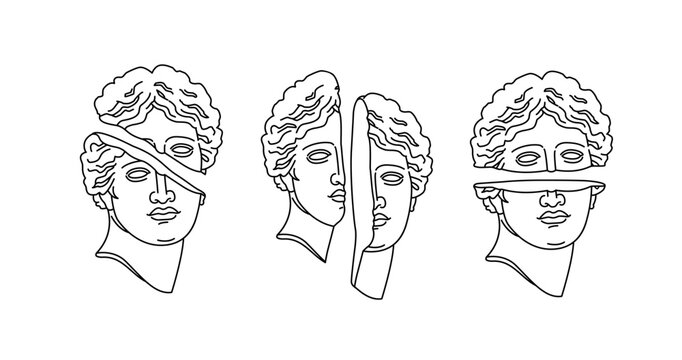 Abstract ancient antique sculpture greek god or goddess contemporary pop art poster. Vector Line tattoo art Apollo or Venus head section for beauty and fasion logos and print design