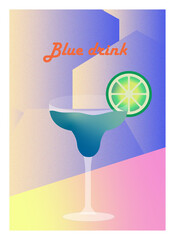 poster bule cocktail with lemon retro style, vignette texture	
