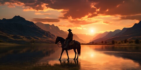 Mesmerizing Sunset Ride: Silhouette Cowboy on Horseback Amidst a Breathtaking Sunset