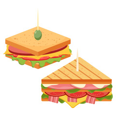 Burger, sandwich, hot dog and wrap Vector illustration set. Hamburger or cheeseburger snack fast food collections