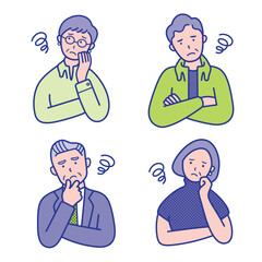 モヤモヤするシニアの男女の上半身イラスト素材【セット】