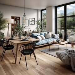 Fototapeta premium Studio apartment with dining table and chairs interior design of modern living room generative ai