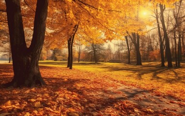 Fototapeta premium Autumn landscape with the sun warmly and the maple tree, Generative AI