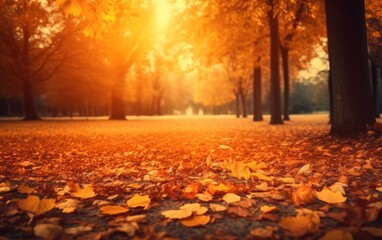 Naklejka na ściany i meble Autumn landscape with the sun warmly and the maple tree, Generative AI