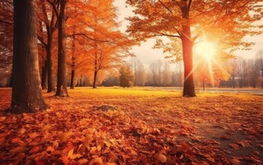 Autumn landscape with the sun warmly and the maple tree, Generative AI