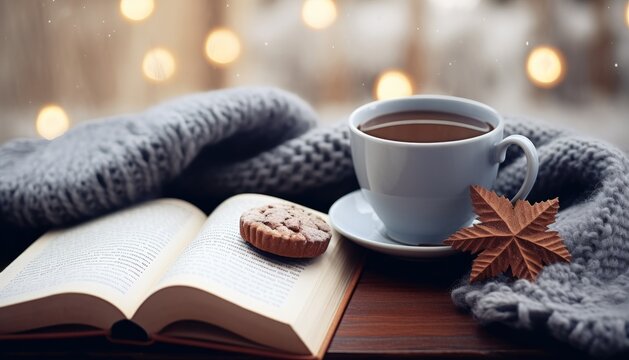 A knitted winter scarf, a cup of hot chocolate, cookies and an open book on a wooden bench in a snowy white forest , winter composition, still life. Copy space cozy concept image, winter christmas