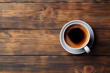 Top view of black coffee cup and beans on old kitchen table, Generative AI