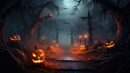 Fototapeta na wymiar Halloween background with pumpkins at night. AI