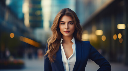 Portrait of young business woman, beautiful confident woman, office building on background. AI	