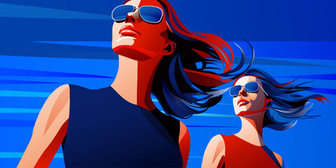 Two girls. Beautiful fashion women in sunglasses walk along the beach over landscape with sea and sun. Abstract female portraits, contemporary design, vector illustration