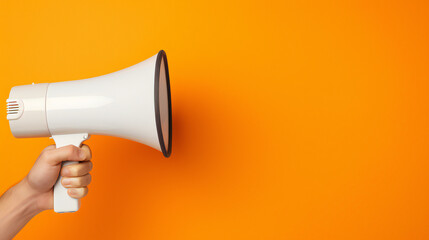 Hand holding megaphone on orange background. Making announcement. empty copy space on the side. Generative AI.