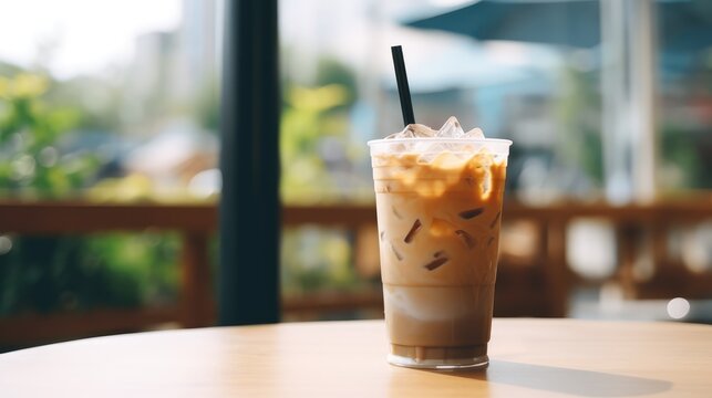 cool cappuccino and ice coffee cup on table in cafe, Generative A