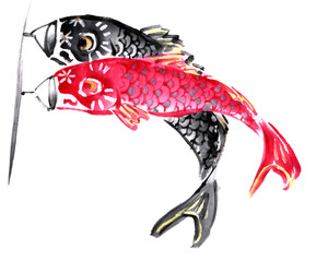 水墨画技法で描いた鯉のぼりペア