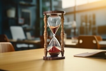 Close up view of hourglass stand on wooden home office, Generative AI