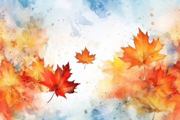 Illustration watercolor art autumn background with maple leaves, Generative AI