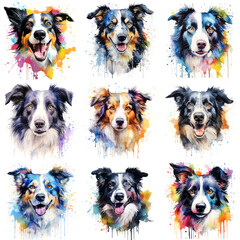 Set of dogs breed Border Collie painted in watercolor on a white background in a realistic manner. Ideal for teaching materials, books and designs, postcards, posters.