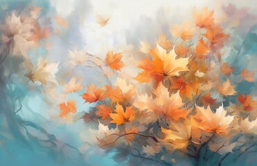 Obraz na płótnie Canvas Illustration watercolor art autumn background with maple leaves, Generative AI