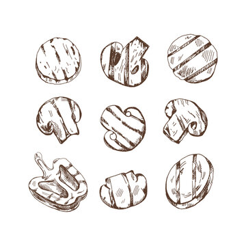 A set of hand-drawn sketches of champignons, grilled zucchini and  bell peppers. For the design of the menu of restaurants and cafes, steaks. Vintage doodle illustration. The engraved image.