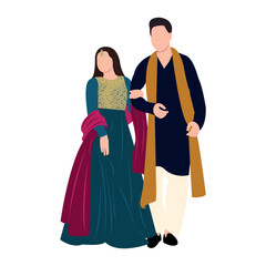 Fototapeta na wymiar Vector vector cute indian couple cartoon in traditional dress posing for wedding invitation card design