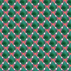 Watercolor seamless hand drawn geometric pattern with colorful rhombuses alike kaleidoscope pictures