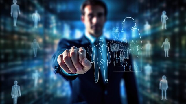 Businessman showing virtual graphic human icon HR human resources recruitment team Staff management business concept with generative ai