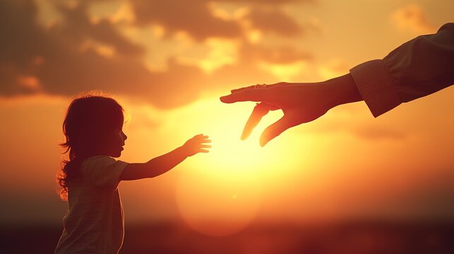 child mother father hand sunset sky, hand mom dad kid girl, happy family childhood dream, happy daughter takes hand sunset, beautiful girl face with generative ai