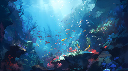 Fototapeta na wymiar underwater scene with reef oil paint