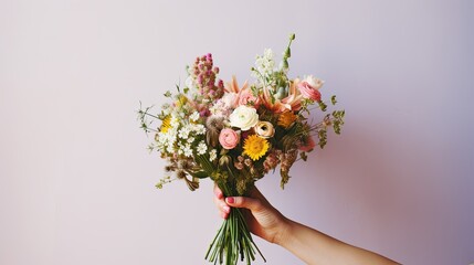 Hand with bouquet. Hand holding a delicate bouquet of wildflowers. AI