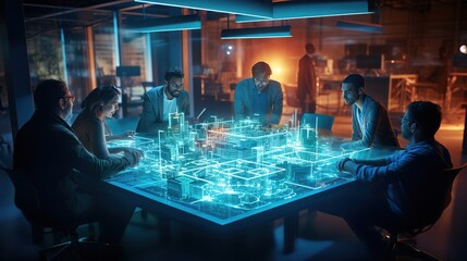 Engineers meeting in technology research laboratory: Engineers, Scientists and Developers gathered around illuminated conference table. Inspecting industrial market with generative ai