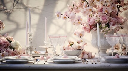 An artistic shot of a romantic wedding table setting, with fine china, crystal glassware, and opulent floral arrangements. Glamour wedding background. Generative AI. 