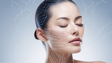Face lift anti-aging treatment - Asian woman portrait with graphic lines showing facial lifting effect on skin. isolated on white with generative ai