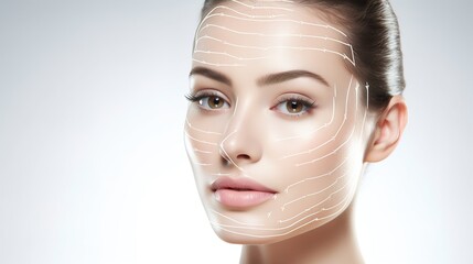 Face lift anti-aging treatment - Asian woman portrait with graphic lines showing facial lifting effect on skin. isolated on white with generative ai