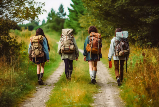 group of friends walking on a path in the forest with backpacks