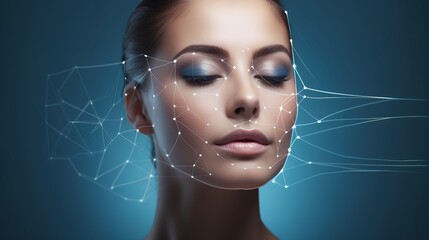 Lifting lines, advertising of face contour correction, female face skin lifting. Facial rejuvenation concept, cosmetology with generative ai