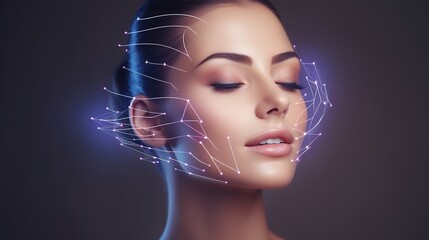 Lifting lines, advertising of face contour correction, female face skin lifting. Facial rejuvenation concept, cosmetology with generative ai - obrazy, fototapety, plakaty