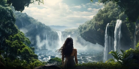 Enchanting Nature's View: Woman Admiring Waterfall Amidst Lush Greenery