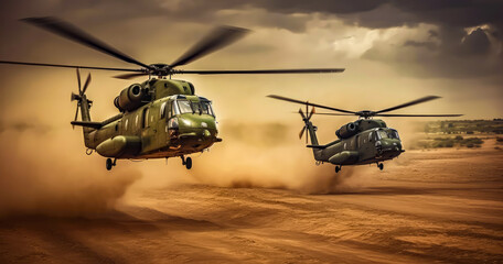Fototapeta na wymiar two helicopters flying together in a dusty landscpae